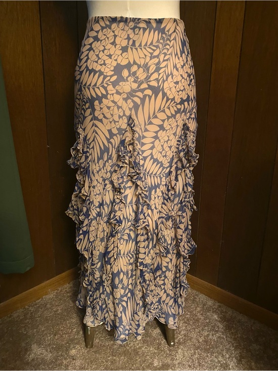 Lauren Ralph Lauren Dresses & Skirts - Vintage Lauren by Ralph Lauren Silk Floral Ruffle Maxi Skirt in Beige and Blue M